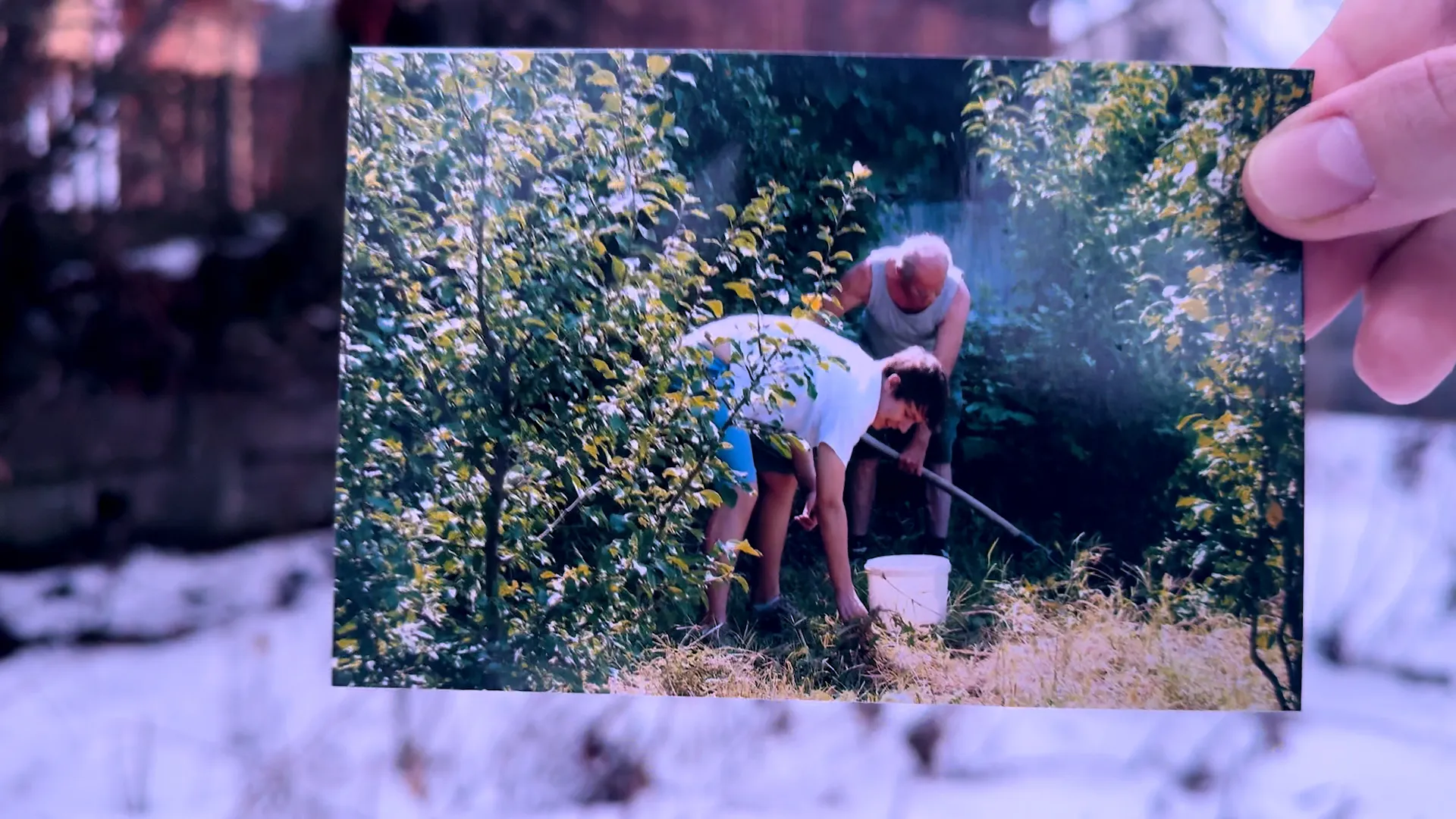 Eric ayudando en el huerto de su abuelo en Rumanía