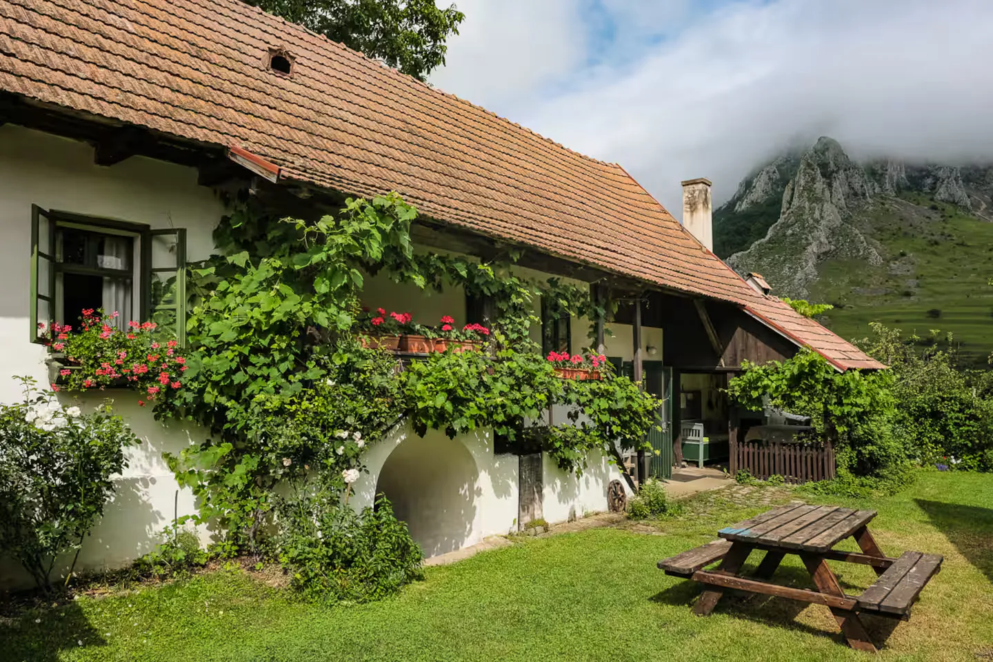 Casa rural rumana con flores y vegetación